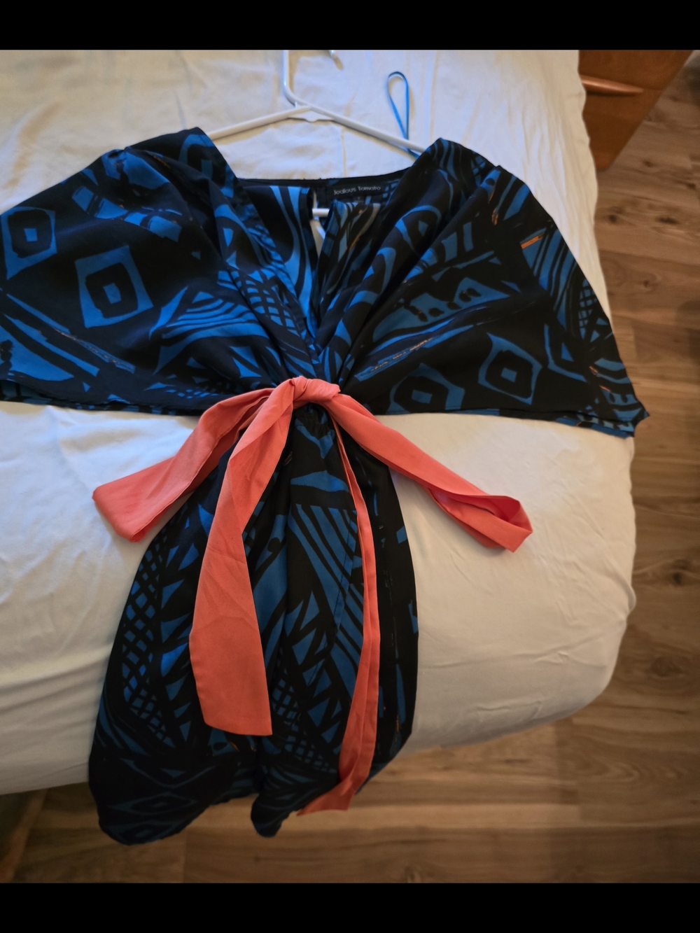 Jealous Tomato Black & Blue Geometric Midi Dress with Coral Tie